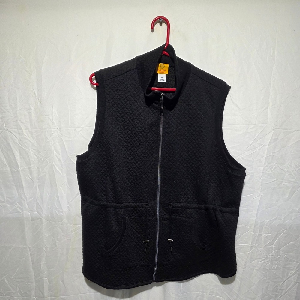 Ruby Rd Woman Black Quilted Full Zip Vest Mock Neck Drawstring Waist 1X 94233